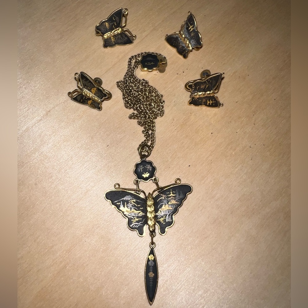 Vintage 1940's Japan Damascene 24K Gold Plated Butterfly Necklace